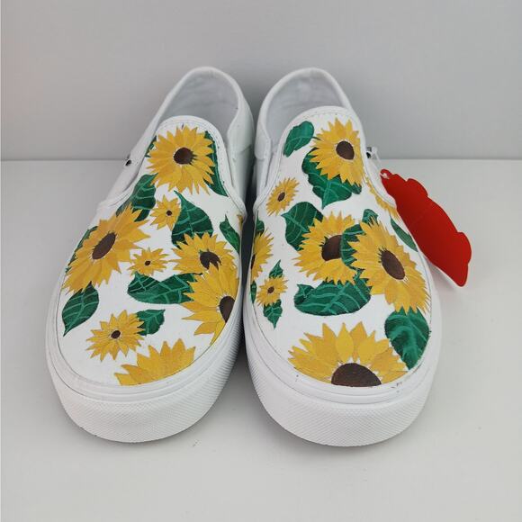 Vans SZ 8 White Customized Hand Painted Sunflower Motif Slip On Sneaker NEW - Picture 7 of 10